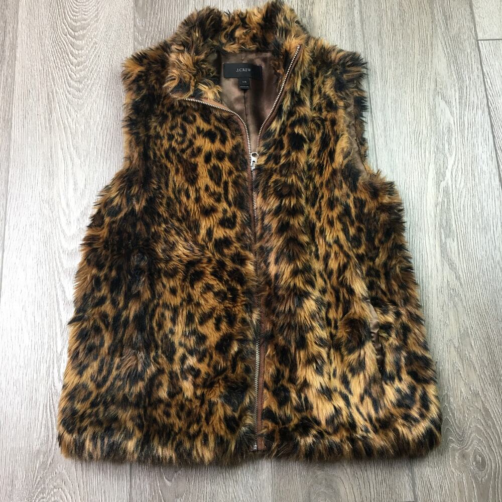 J. Crew Leopard Print Faux Fur Full Zip Vest Satin Lined Brown XXS